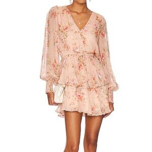 Yumi Kim Blush Pink Floral V-Neck Tiered Long-Sleeve Mini Dress